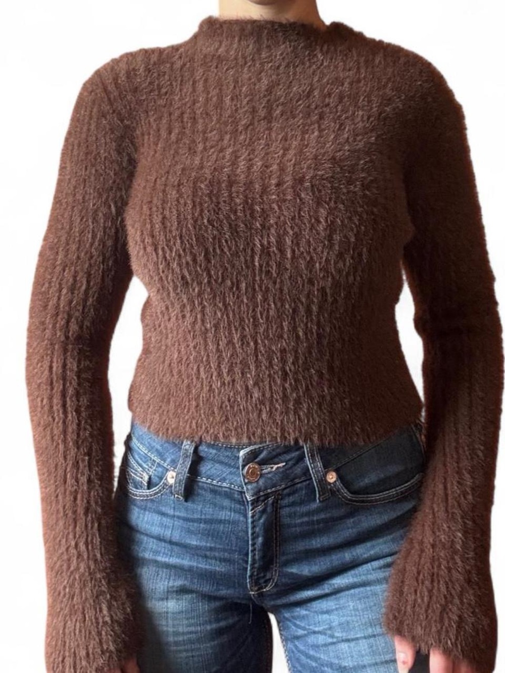 Brown Fuzzy Crewneck Women's Sweater